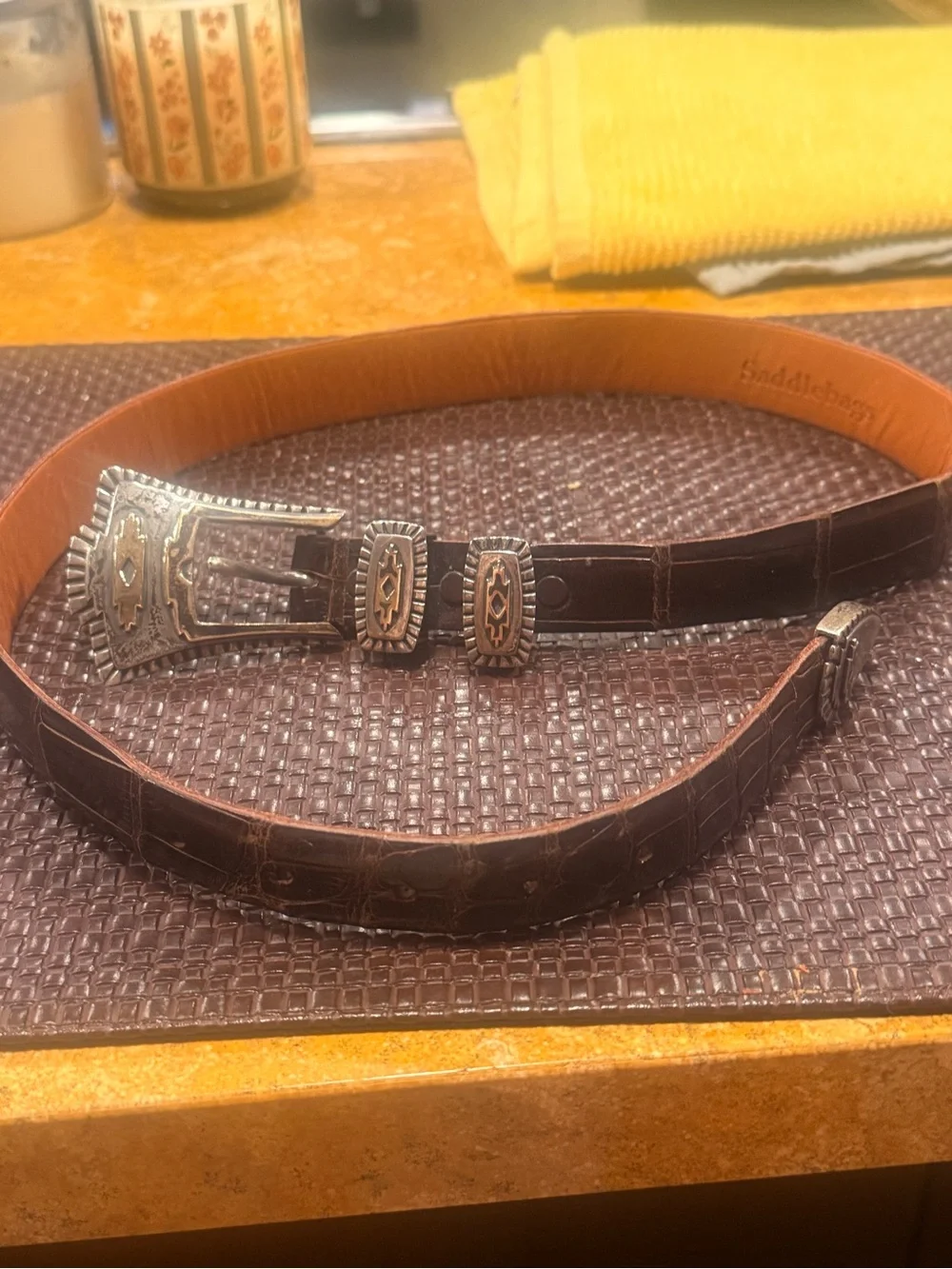 Women’s Western-Style Brown alligator Leather Belt with Silver-gold Conchos.